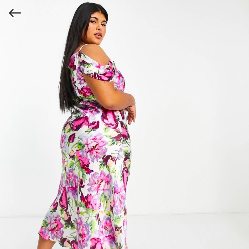 ASOS Curve Floral Cold-Shoulder Maxi Dress in White and Pink